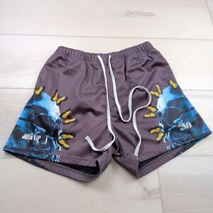 Civil Regime Mens Mesh Graphic Shorts Plum Purple Skull Butterfly Size M